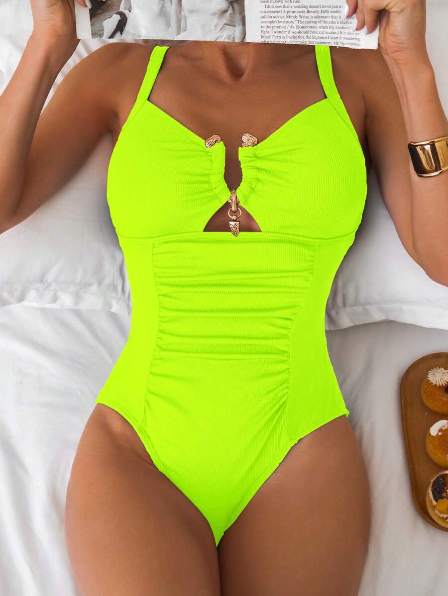 SHEIN Swim 2026 Spring/Summer New Neon Yellow Adjustable Strap Gold Decor Ruched Elegant One-Piece Bikini Swimsuit - Lime Green - View 1