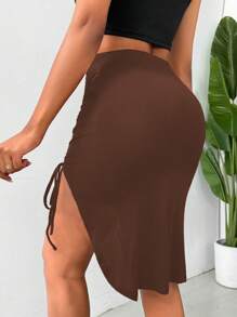 SHEIN Unity Women Solid Color Drawstring Split Thigh Skirt - Brown - View 2