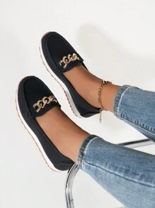 Mocasines negros de patrón de piel de Litchi para mujeres con decoración de cadena de diamantes, zapatos planos sin tacón para exteriores y comodidad, estilo versátil para la primavera/verano