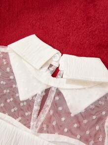 SHEIN Bộ 2 quần short rộng rãi thoải mái cho bé gái mùa hè có cổ áo sơ mi và áo lưới mỏng tay ngắn tương phản - Nhiều màu - Xem 5