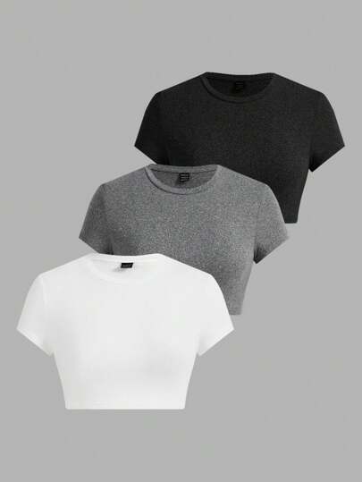 SHEIN EZwear 3pcs Women's Tight-Fitting Crop Top Set, Summer Outfit Suitable For Hot Weather Suitable For Going Out