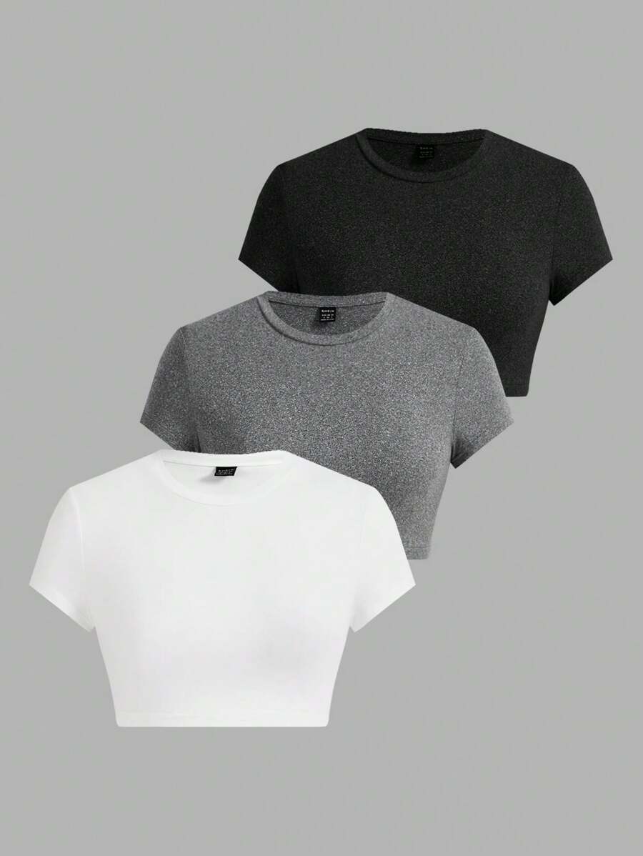 SHEIN EZwear 3件套女士紧身露脐上衣套装，夏季适合炎热天气外出穿着 - 彩色 - 查看 1