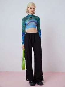 SHEINNeu Women's Tight-Fitting Stand Collar Short Crop Top With All-Over Print - Multicolor - View 6