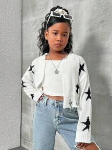 SHEIN Tween Girls' Loose Fit Sporty Knitted Short Cardigan With Star Pattern And Frayed Hem - White - View 3