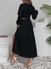 EURMUSE Lantern Sleeve Crop Top & Split Thigh Skirt - Black - View 2