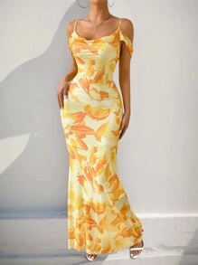 Chiquease Mesh Double Layers Bodycon Long Dress Maxi Women Outfit - Yellow - View 1