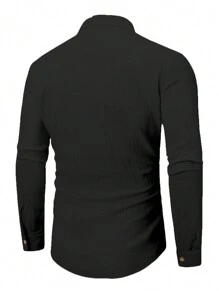 Men's Linen / Bohemian Style Long Sleeve Shirt, For Fall - Black - View 2