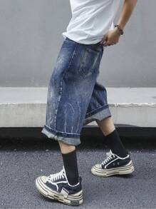 Manfinity EMRG Men's Loose Fit Wide Leg Denim Shorts With Pockets, Knee Length - Medium Wash - View 4