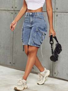 Y2K Street High Waist Flap Pocket Tape Detail Work Cargo Denim Bermuda Wide Leg Jean Shorts Summer Comfy Jorts - 藍色 - 查看 3
