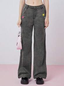 SHEINNeu Black Jeans,Pants,Stars,Women Jeans Shorts,Baggy Women Jeans,Free People,Washed ,Women Pants - Black - View 1