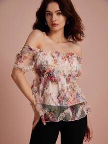 Chiquease 女士短袖荷叶边下摆随机印花衬衫 - 彩色 - 查看 1