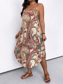 SHEIN Clasi Plus Size Women's Boho Vacation Plant Printed Long Loose Straight Casual Cami Dress Women Outfit, For Summer - Multicolor - View 5