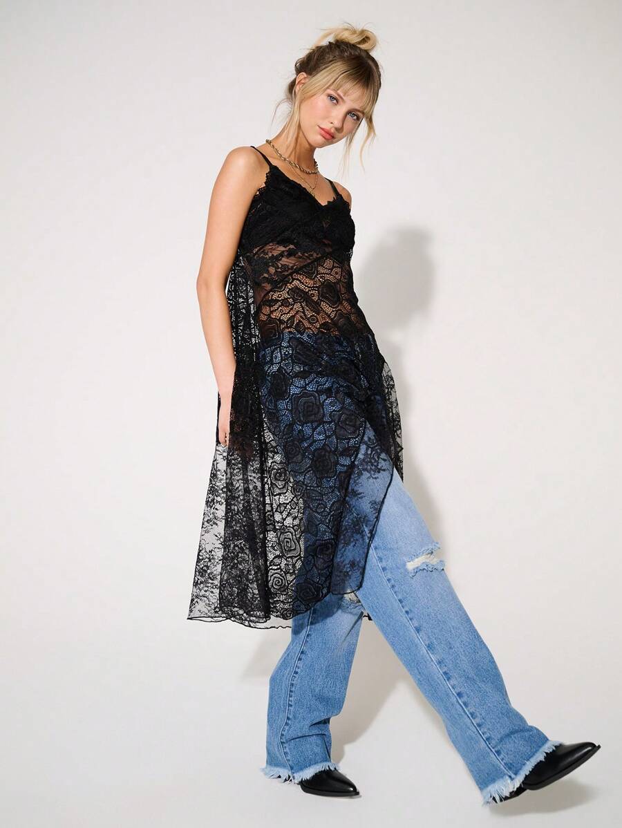 WESTFADE Mixed Lace Slip Dress - Black - View 1