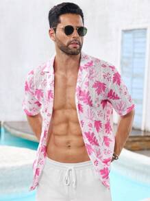 Manfinity VCAY Woven Casual Men's Fashionable Short Sleeve Shirt And Shorts Set, Loose Fit, Palm Leaf Pattern, Suitable For Daily Wear, Vacation, And Leisure