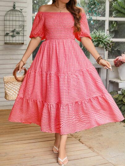 Breezaya Women's Plus Size Elegant Plaid Off-Shoulder Long Puff Sleeve Dress, Perfect For Vacation