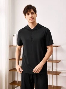 Men's Summer Solid Color Short Sleeve Hooded Homewear Top - Black - View 7