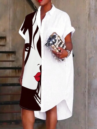 Zolique 前扣人臉印花短前長後夏季連衣裙，短袖款式