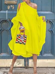 SHEIN LUNE Yellow Batwing Sleeve Round Neck Muslim Women Abaya Dress