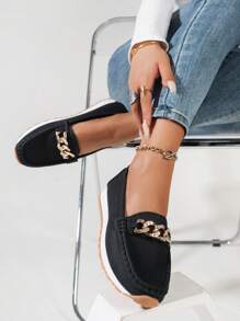 Mocasines negros de patrón de piel de Litchi para mujeres con decoración de cadena de diamantes, zapatos planos sin tacón para exteriores y comodidad, estilo versátil para la primavera/verano