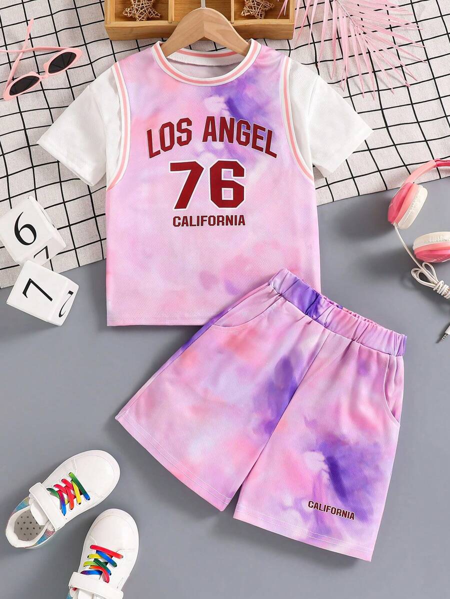 Young Girls Tie Dye Letter Graphic 2 In 1 Tee & Shorts - Pink - View 1