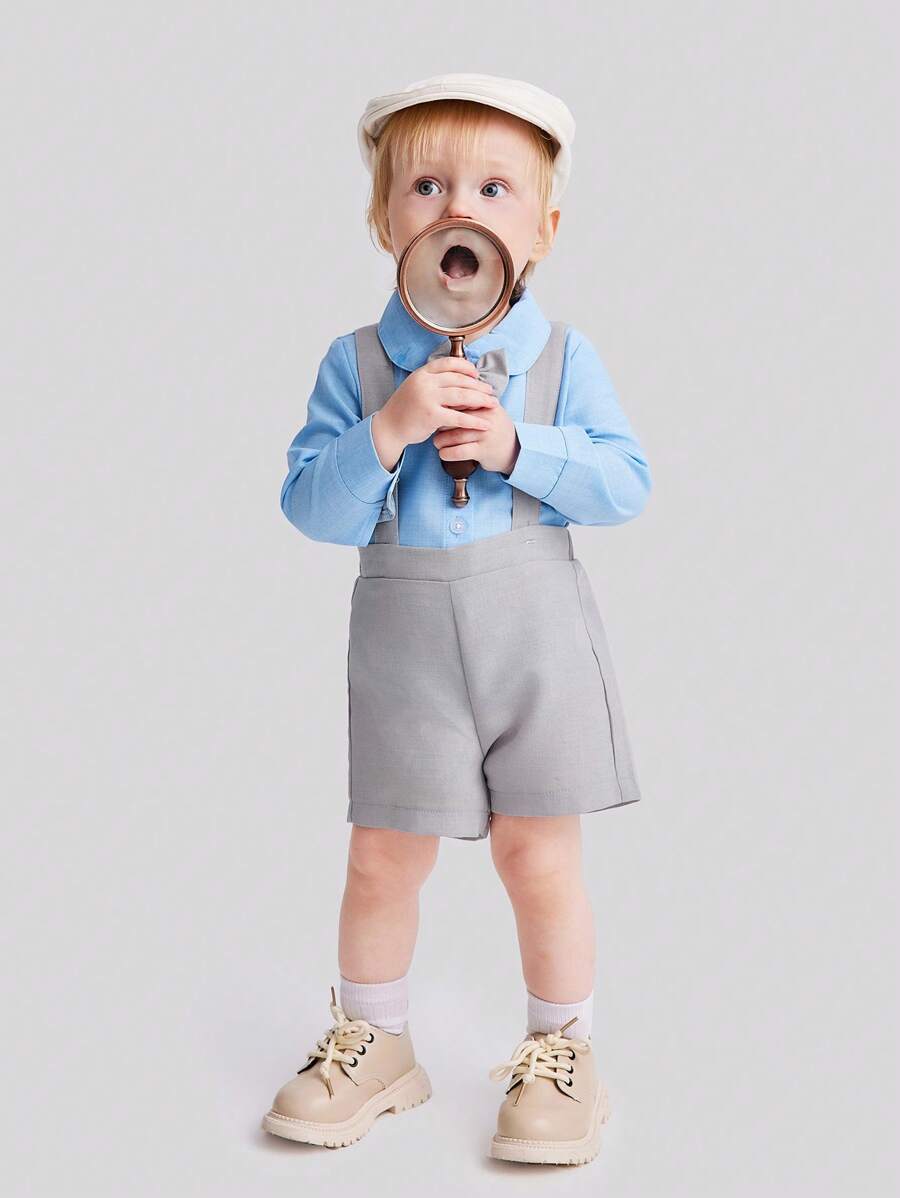 SHEIN 嬰兒男寶鈕扣前衣襯配捲邊短褲 - 藍色 - 查看 1