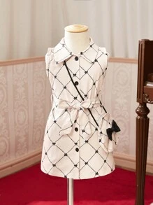 SHEIN 寶寶女孩鑽石格紋裙子，配有蝴蝶結和印花 - 卡其色 - 查看 1