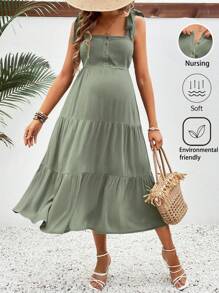 SHEIN Maternity Solid Color Resort Style Nursing Cami Dress - Army Green - View 1