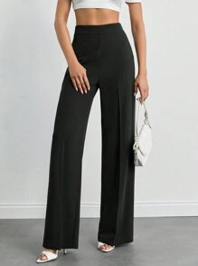EURMUSE Pantaloni casual a vita alta a gamba ampia di colore unito, lunghezza intera, taglia petite per donna - nero - Visualizzare 4