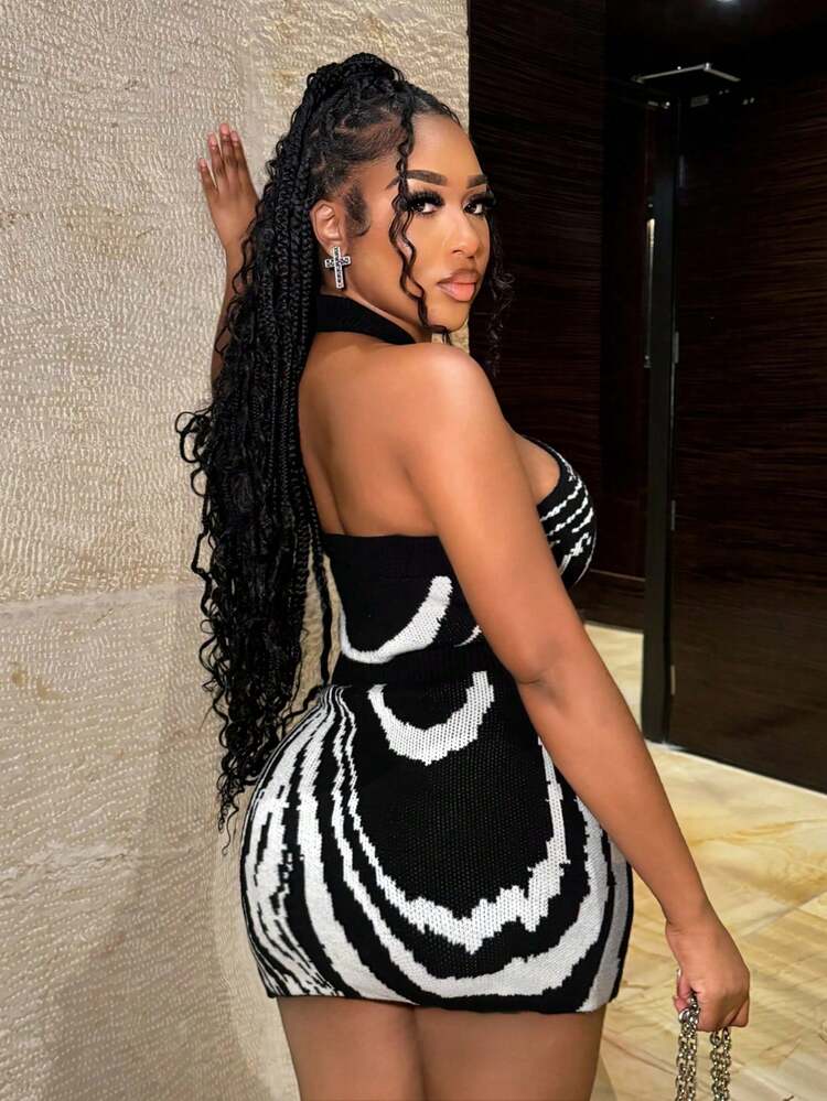Women's Sweater Two-Piece Backless Sleeveless Top Skirt Sexy Black And White Zebra Halter Neck Vacation Summer Open