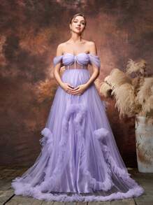 Faeriesty Dressalisa Maternity Off Shoulder Sheer Bodice Ruffle Trim Tulle Evening Dress - Purple - View 6