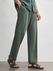 AKNOTIC Business Casual Men's Knitted Elastic Waist Drawstring Mid-Rise Loose Fit Straight Leg Casual Pants, Long-Length, Suitable For Spring And Summer Daily Wear - Dark Green - View 1