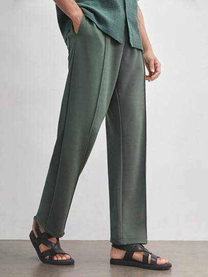 AKNOTIC Business Casual Pantalones informales de punto para hombre con cintura elástica con cordón, ajuste suelto de pierna recta y talle medio. De longitud larga, adecuados para llevar durante la primavera y el verano a diario.