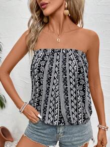 SHEIN VCAY 波西米亞風情假期印花乳貼上衣，女士夏季時尚衣搭 - 黑與白 - 查看 4