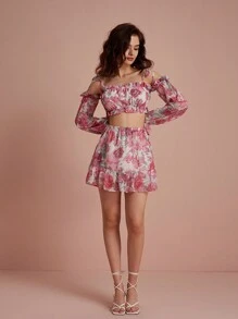 Chiquease Random Print Ruffle Hem Mini Skirt Set Fall Cloth For Women - Multicolor - View 4