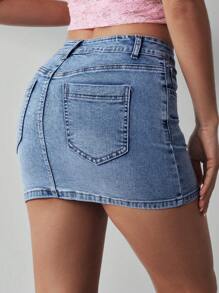 SHEIN EZwear Slant Pocket Bodycon Denim Mini Skirt Y2k - Medium Wash - View 2
