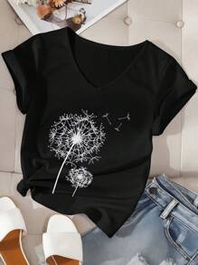 EMERY ROSE 輕鬆植物和蒲公英印花大尺碼修身V領T恤，夏季 - 黑色 - 查看 2