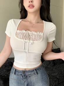 DAZY 女士夏季纯色蕾丝撞色短袖修身短款上衣外出上衣 - 白色 - 查看 3