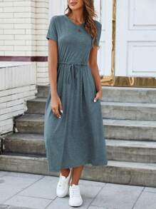 SHEIN LUNE Women's Solid Color Simple Daily Short Sleeve Dress - Dusty Blue - View 4