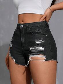 SHEIN EZwear Quần short denim dáng ôm vừa vặn thời trang mùa hè - màu đen - Xem 4