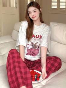 DAZY Conjunto de pijama con hombros caídos con gráficos de letras y caricaturas