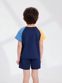 SHEIN Young Boy's Summer Color Block Round Neck Short Sleeve Top And Shorts Casual Sports Set - Multicolor - View 2