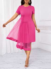 SHEIN Lady Vestido casual de mujer de tul rosa con contraste, vestido casual para oficina y fiesta