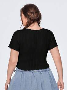 SHEIN MOD Plus Size Solid Color Square Neckline Lace Trim Jacquard Slim Fit T-Shirt - Black - View 3