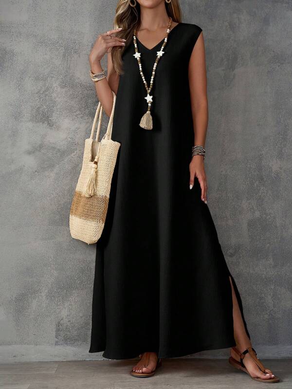 EMERY ROSE Vestido Feminino sem Mangas com Decote em V com Fenda em Tecido Texturizado Cáqui