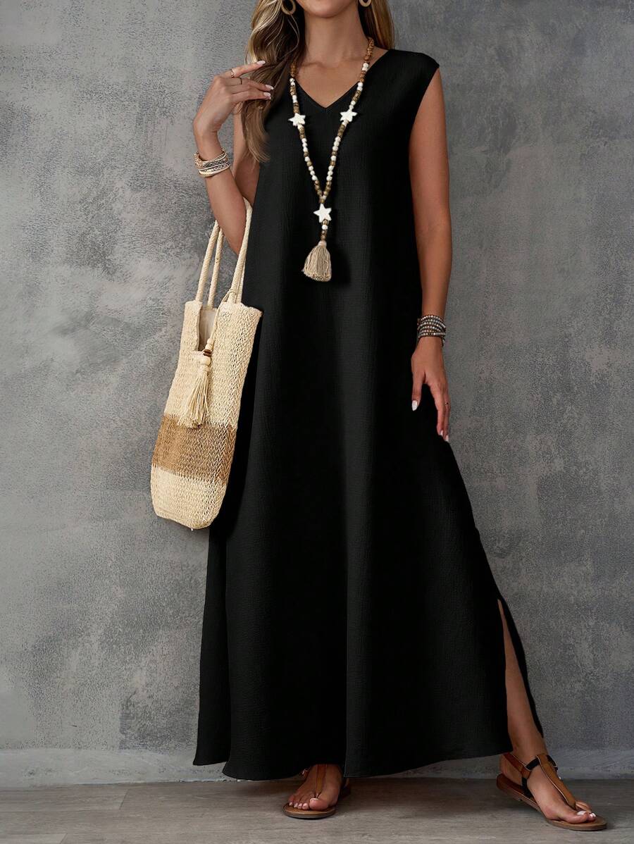 EMERY ROSE Vestido kaki para mujer sin mangas con textura de tela, cuello en V y abertura en la falda - Negro - Ver 1