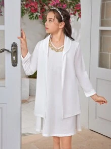 Tween Girl Summer Casual Solid Color Jacket And Sleeveless Dress Set