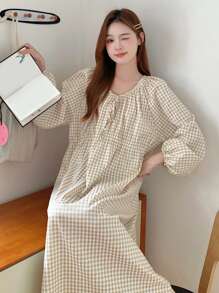 DAZY Váy dài tay có cổ có dây buộc Gingham - Màu be - Xem 5