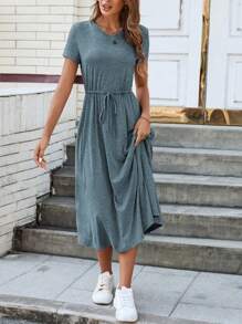 SHEIN LUNE Women's Solid Color Simple Daily Short Sleeve Dress - Dusty Blue - View 5