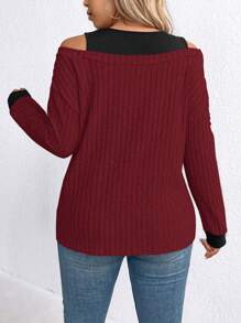SHEIN LUNE Women's Plus Size Colorblock Open Shoulder Long Sleeve Casual T-Shirt, Spring/Summer - Burgundy - View 2