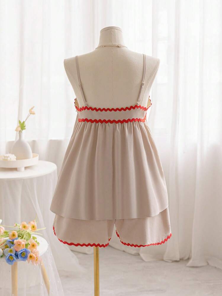 Plus Size Women's Loose Linen Fabric A-Line Tank Top With Color-Blocked Edges And Loose Color-Blocked Shorts Holiday Style Two Pieces Outfits, Summer